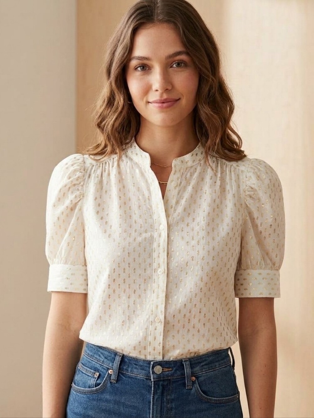 GAP Cream Blouse with Gold Foil Dot Accents